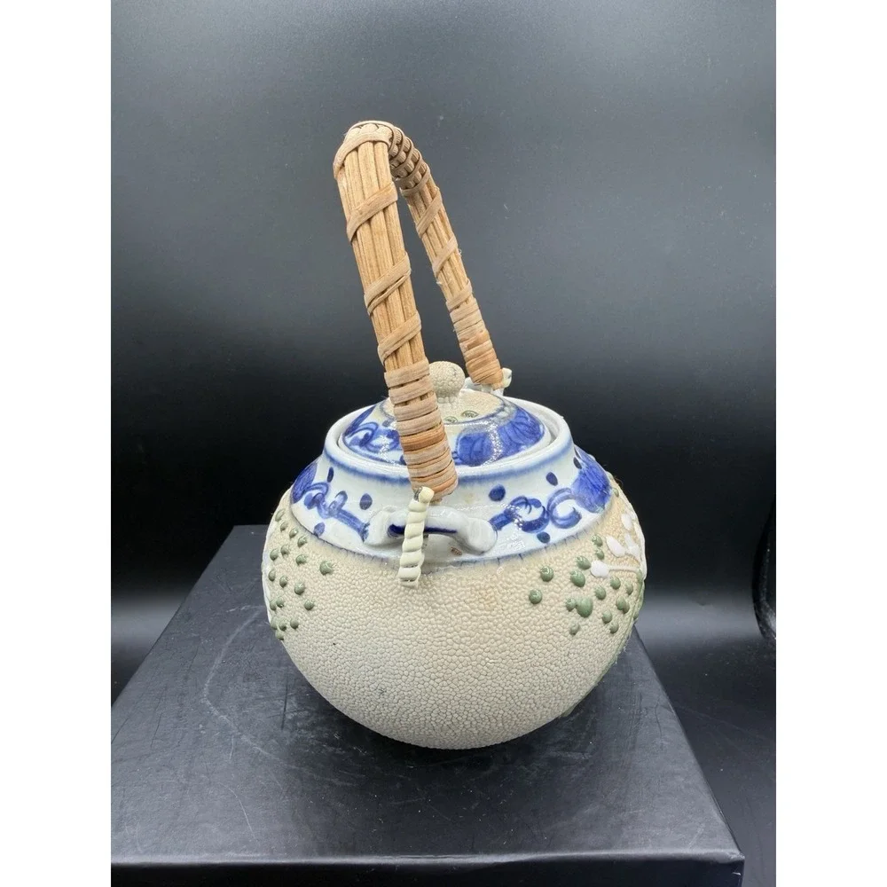 🫖Tokoname-Inspired Ceramic Teapot w/Infuser Bamboo/Rattan Handle Japanese Style